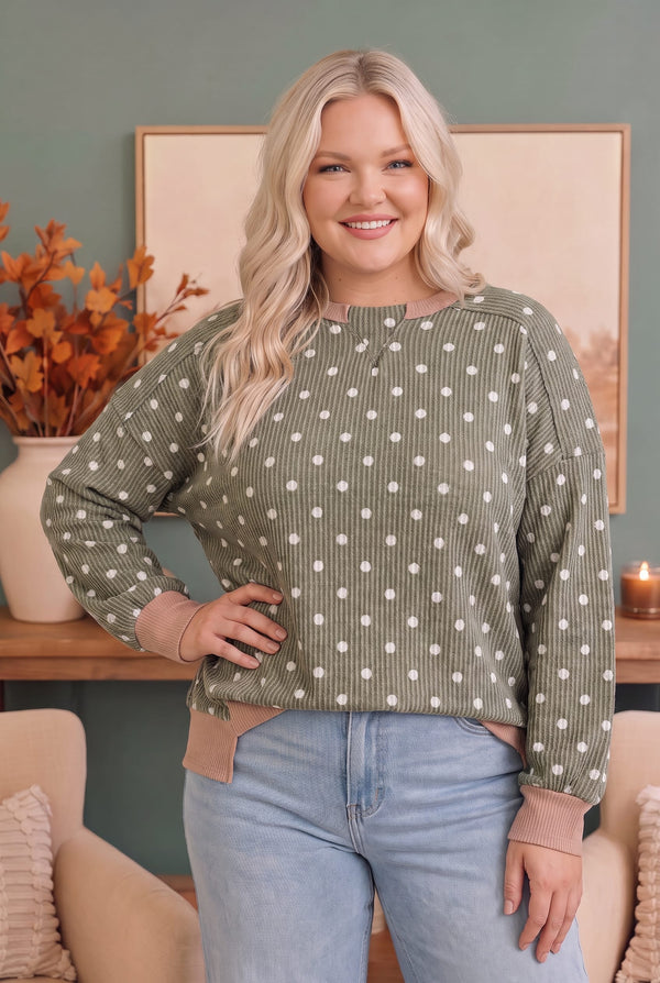 Cozy Dots Ribbed Pullover in Olive