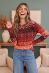 Zigzag Into Fall Burgundy Long Sleeve Top