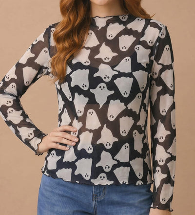 Spooky Cute Ghost Print Mesh Long Sleeve Top
