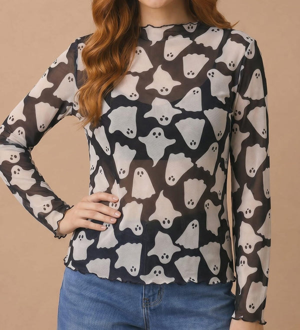 Spooky Cute Ghost Print Mesh Long Sleeve Top