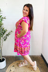 Find Romance Fuchsia Boho Floral Button V Neck Ruffle Dress