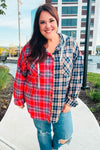 Main Attraction Red & Navy Plaid Color Block Button Down Hoodie