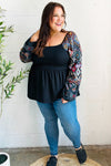 Charming Black Square Neck Border Print Bubble Sleeve Top