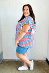 American Red White & Blue Stripe Shirred Yoke Neck Top