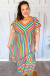 Bright Thoughts Rainbow Stripe Flutter Sleeve Fit & Flare Maxi Dress