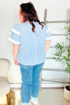 Lost In Love Cotton Blue Gingham Shirred Mock Neck Top