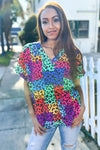 Dazzle in Multicolor Animal Patchwork V Neck Dolman Cap Sleeve Top