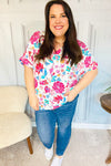 Embrace The Day Ivory & Fuchsia Floral V Neck Woven Top