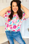 Embrace The Day Ivory & Fuchsia Floral V Neck Woven Top