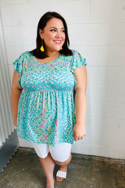 Turquoise Floral Stripe Babydoll Top