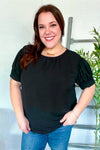 Perfectly You Solid Black Silk Shirred Cap Short Sleeve Blouse