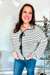 Embrace Joy Black & White Collared Stripe Ribbon Bow Tie Top