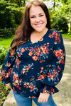 Lovely In Navy Floral Print Smocked Bubble Sleeve Woven Top