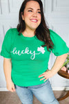 Lucky Lady Shamrock Green Sequin Puff Sleeve Knit Sweater Top