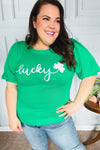 Lucky Lady Shamrock Green Sequin Puff Sleeve Knit Sweater Top