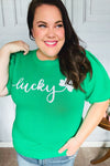 Lucky Lady Shamrock Green Sequin Puff Sleeve Knit Sweater Top