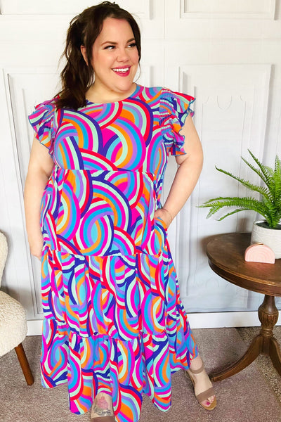 Feel Your Best Purple Abstract Print Smocked Ruffle Sleeve Maxi Dress