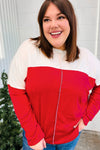 Festive Red & White Drop Shoulder Outseam Color Block Top