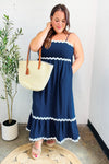 Bold & Sassy Navy Square Neck Ric Rac Trim Adjustable Straps Maxi