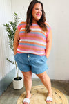 Pretty In Pink & Blue Striped Netted Crochet Dolman Sweater Top