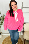 Pretty In Pink French Terry Bow Tie Drop Shoulder Pullover