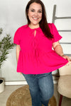 Casual Chic Fuchsia Bow Tie Folded Puff Sleeve Babydoll Top