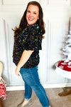 Holiday Ready Black Velvet Multicolor Sequin Puff Sleeve Top