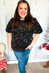 Holiday Ready Black Velvet Multicolor Sequin Puff Sleeve Top