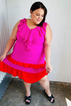 Fuchsia Ruffle V Neck Crepe Tiered Midi Dress