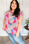 Feeling Bold Fuchsia Patchwork Mock Neck Flutter Sleeve Top