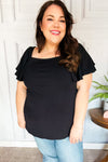 Feel The Love Black Double Ruffle Sleeve Square Neck Ribbed Top