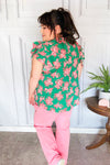 Look Of Love Green Floral Print Mock Neck Flutter Sleeve Top