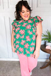 Look Of Love Green Floral Print Mock Neck Flutter Sleeve Top