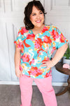 Weekend Ready Aqua & Coral Floral V Neck Woven Top