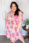 Lovely Lady Mint & Fuchsia Floral Notch Neck Woven Dress