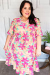 Lovely Lady Mint & Fuchsia Floral Notch Neck Woven Dress