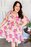 Lovely Lady Mint & Fuchsia Floral Notch Neck Woven Dress