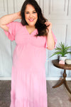 Take You Away Pink Elastic V Neck Tiered Maxi Dress