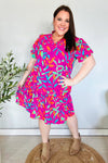 Fuchsia Tropical Leaf Woven Ruffle Hem Pocketed Dress