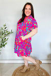 Fuchsia Tropical Leaf Woven Ruffle Hem Pocketed Dress