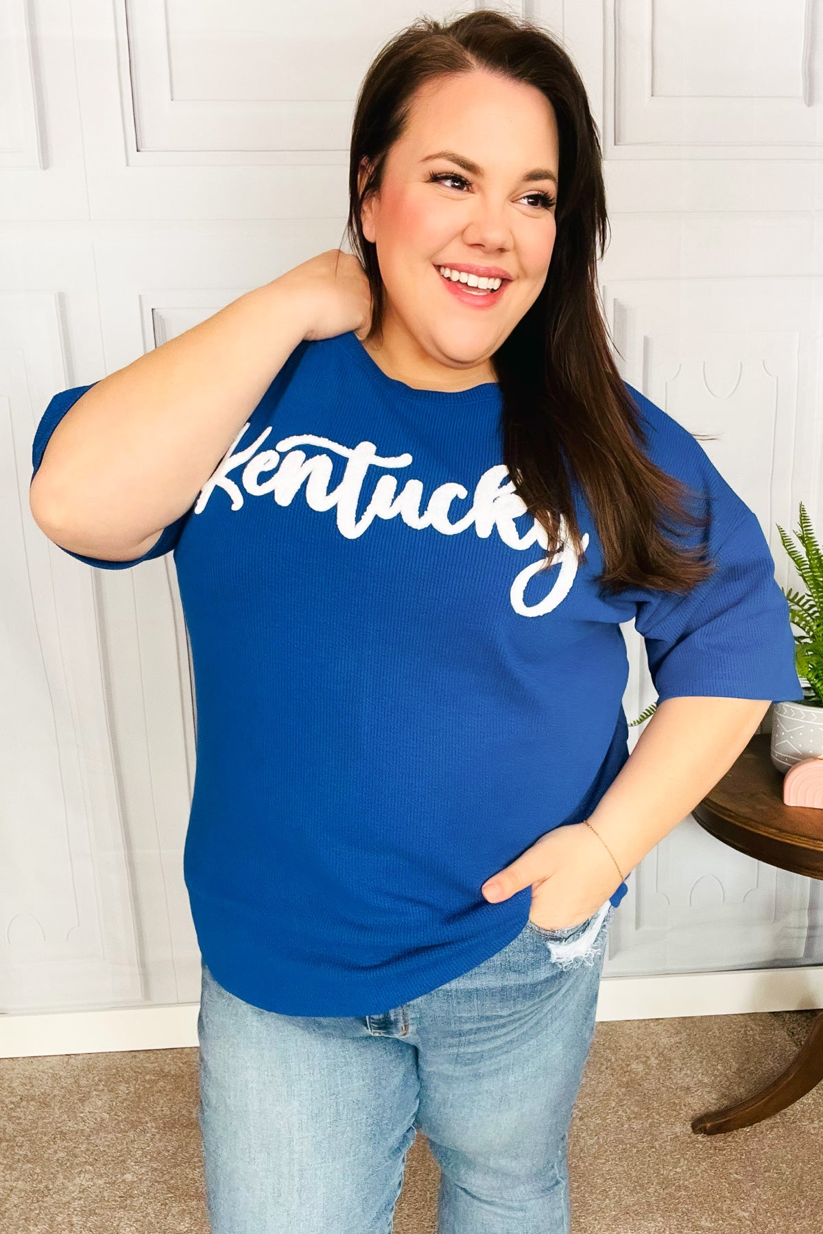Be Proud Blue "Kentucky" Embroidery Pop Up Rib Knit Top