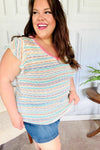 Sunny Days Coral Two Tone Striped Textured Knit V Neck Top