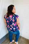 Navy & Pink Floral Print Frilled Short Sleeve Yoke Top