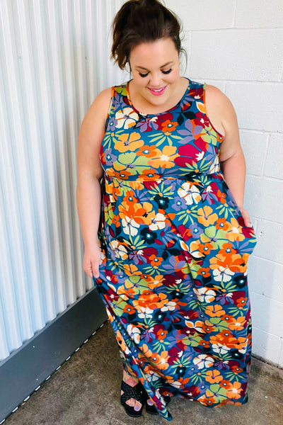 Teal & Maroon Flat FloralFit and Flare Sleeveless Maxi Dress