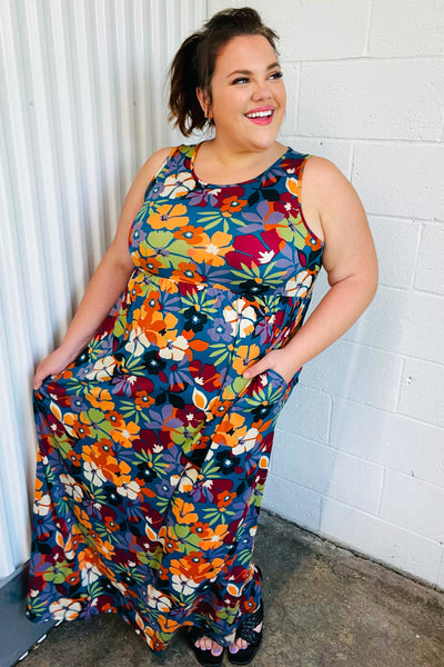 Teal & Maroon Flat FloralFit and Flare Sleeveless Maxi Dress