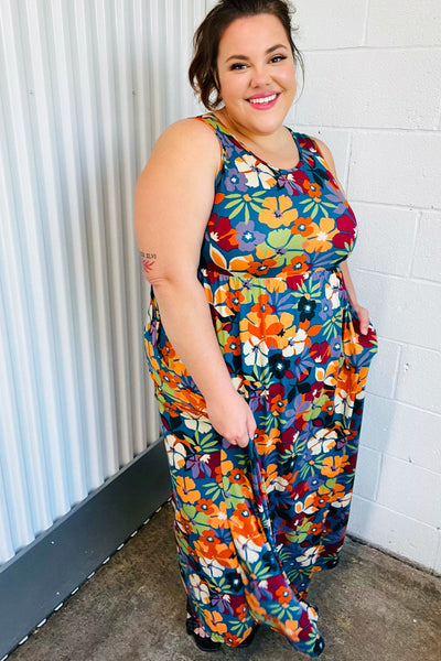 Teal & Maroon Flat FloralFit and Flare Sleeveless Maxi Dress