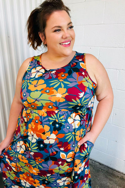 Teal & Maroon Flat FloralFit and Flare Sleeveless Maxi Dress