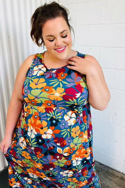 Teal & Maroon Flat FloralFit and Flare Sleeveless Maxi Dress