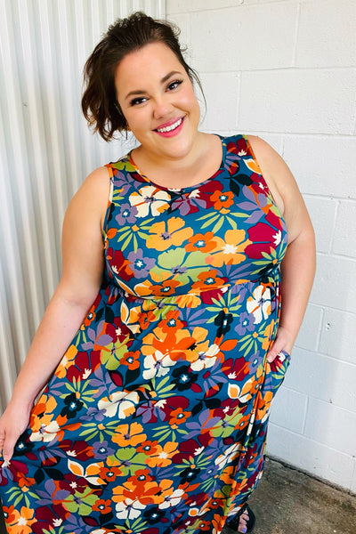 Teal & Maroon Flat FloralFit and Flare Sleeveless Maxi Dress