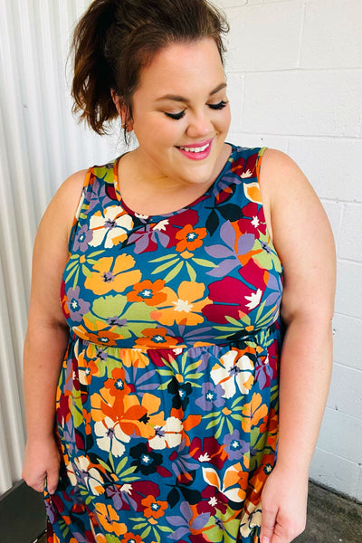 Teal & Maroon Flat FloralFit and Flare Sleeveless Maxi Dress